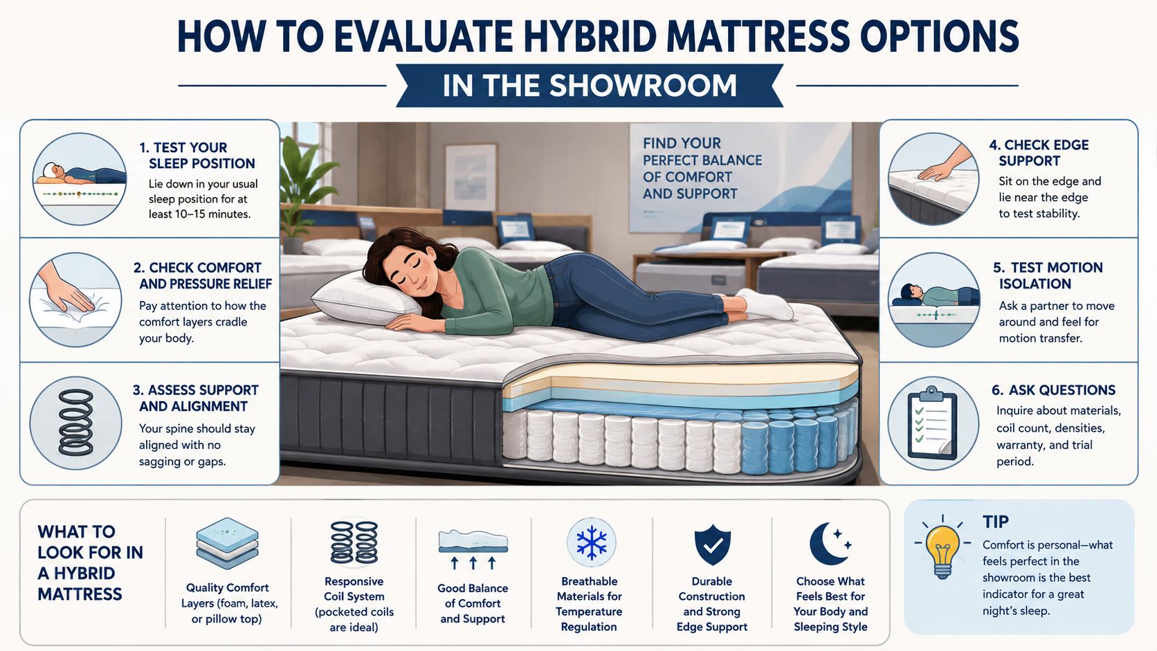 A helpful infographic illustration showing six steps to evaluate hybrid mattress options in a furniture showroom.