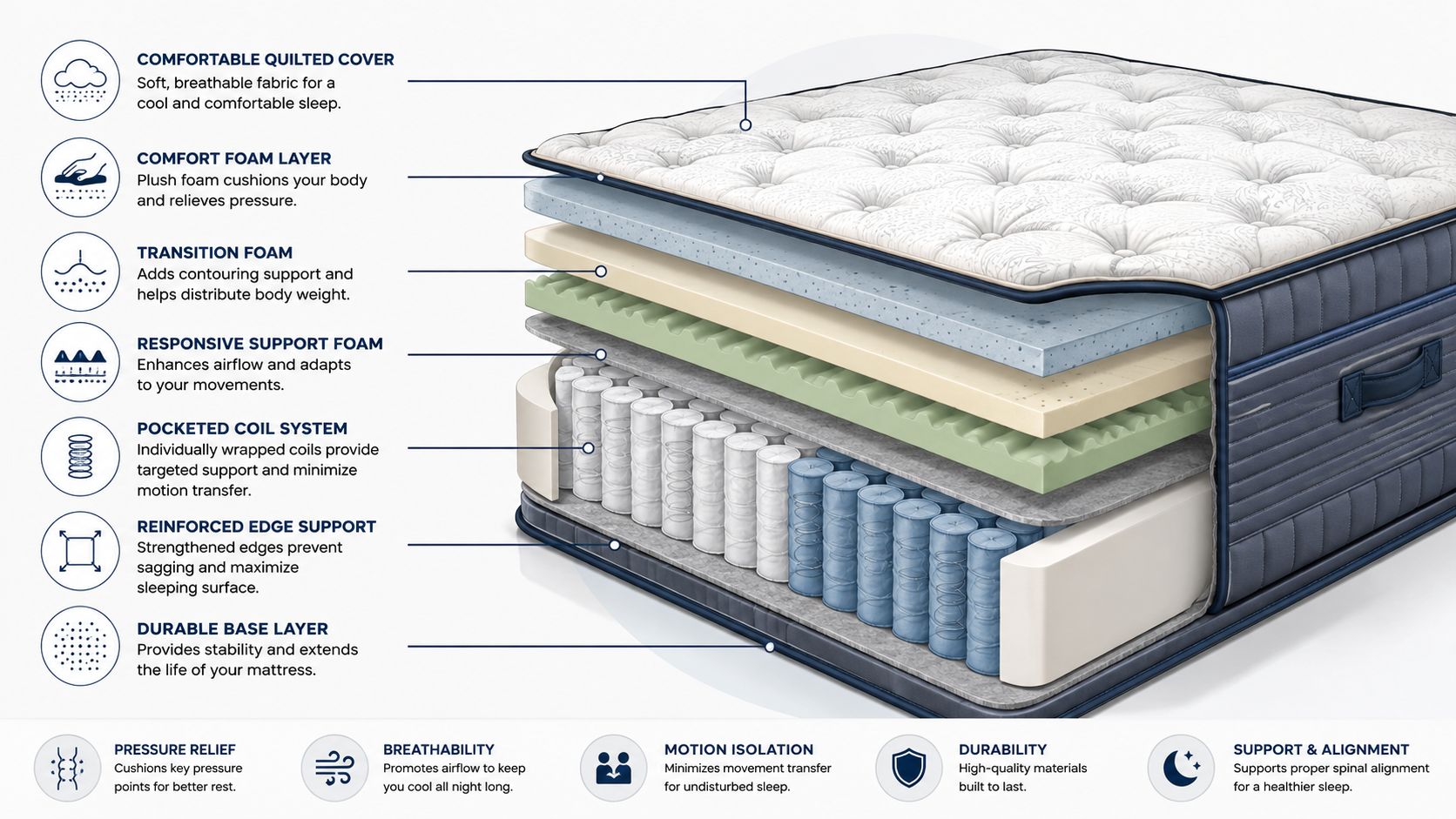 A cutaway view of a hybrid mattress showing its various layers, including foam, springs, and edge support.