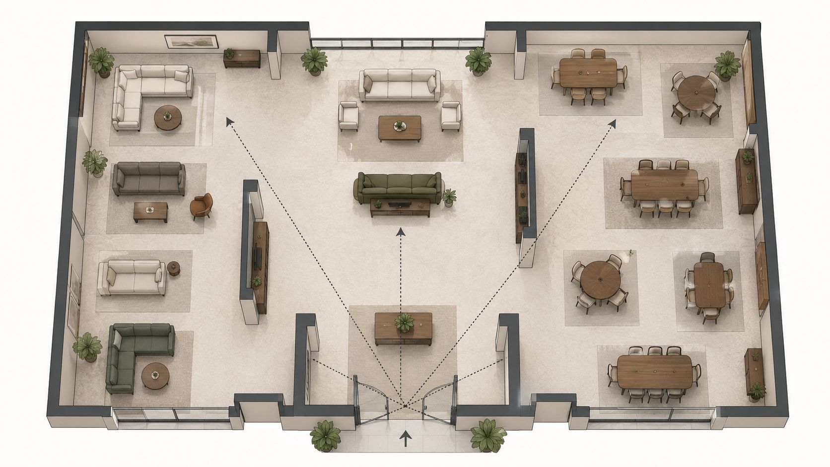 A top-down floor plan showing a large, open-concept commercial or residential space with various seating arrangements.