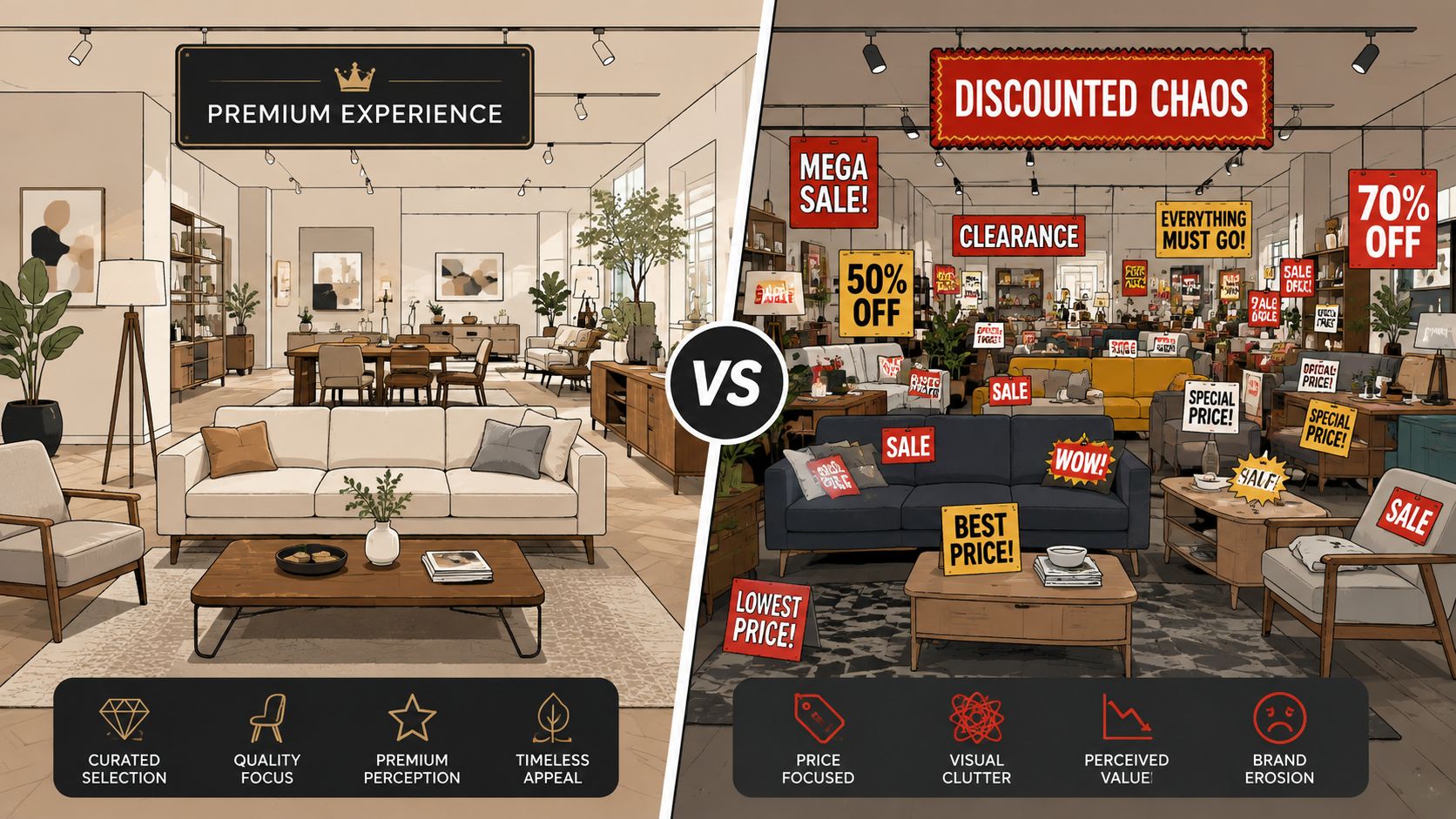 A split-screen comparison showing a clean, high-end furniture showroom versus a cluttered, chaotic discount furniture sale store.