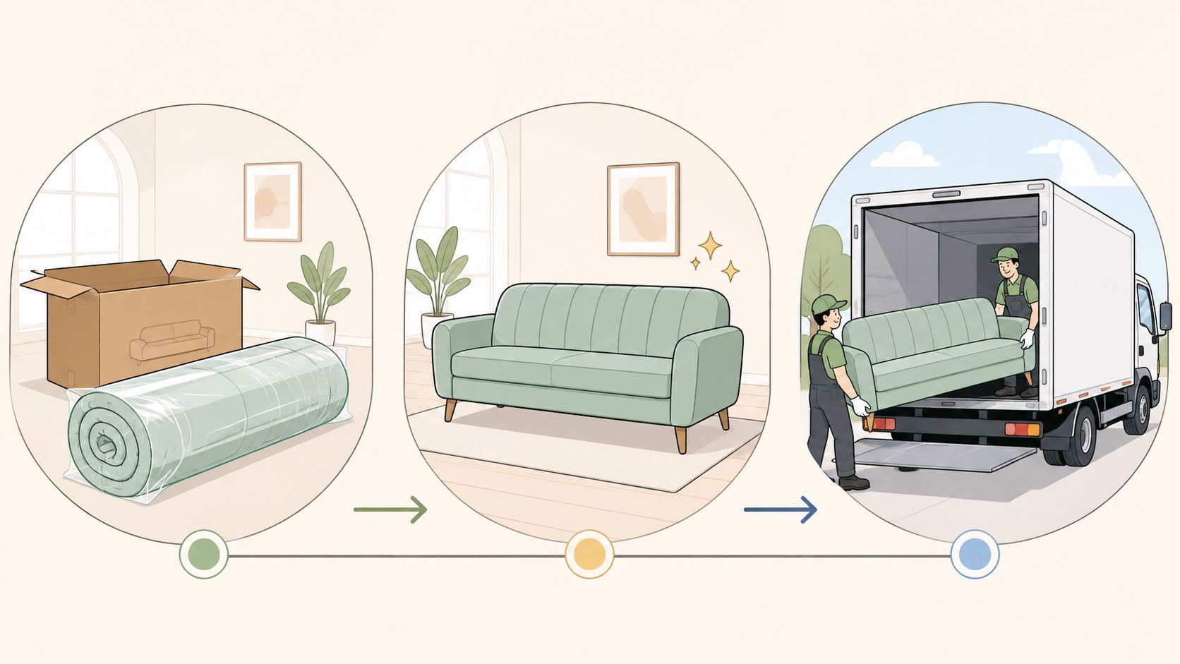 A diagram illustrating the furniture delivery process, from packed sofa to assembly and transport in a truck.