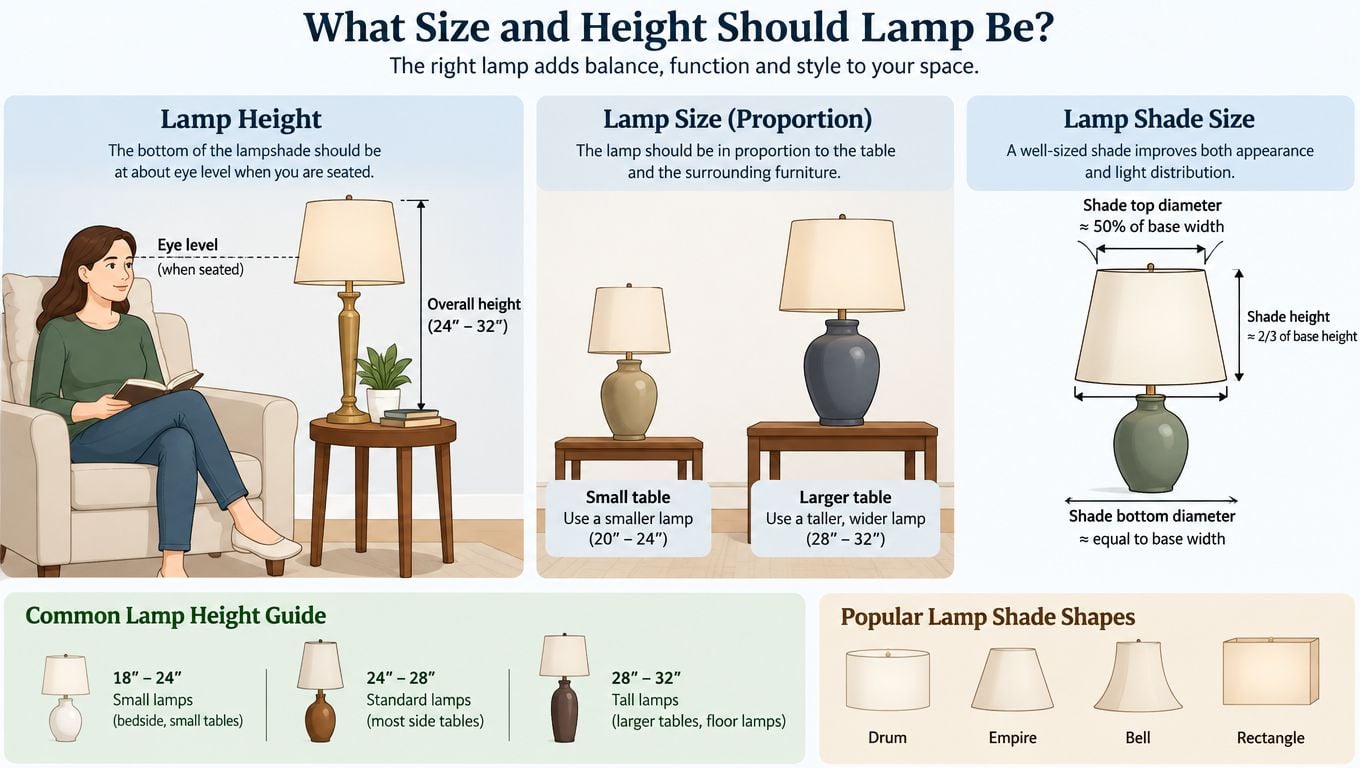 An infographic illustrating how to choose the right size and height for living room table lamps.