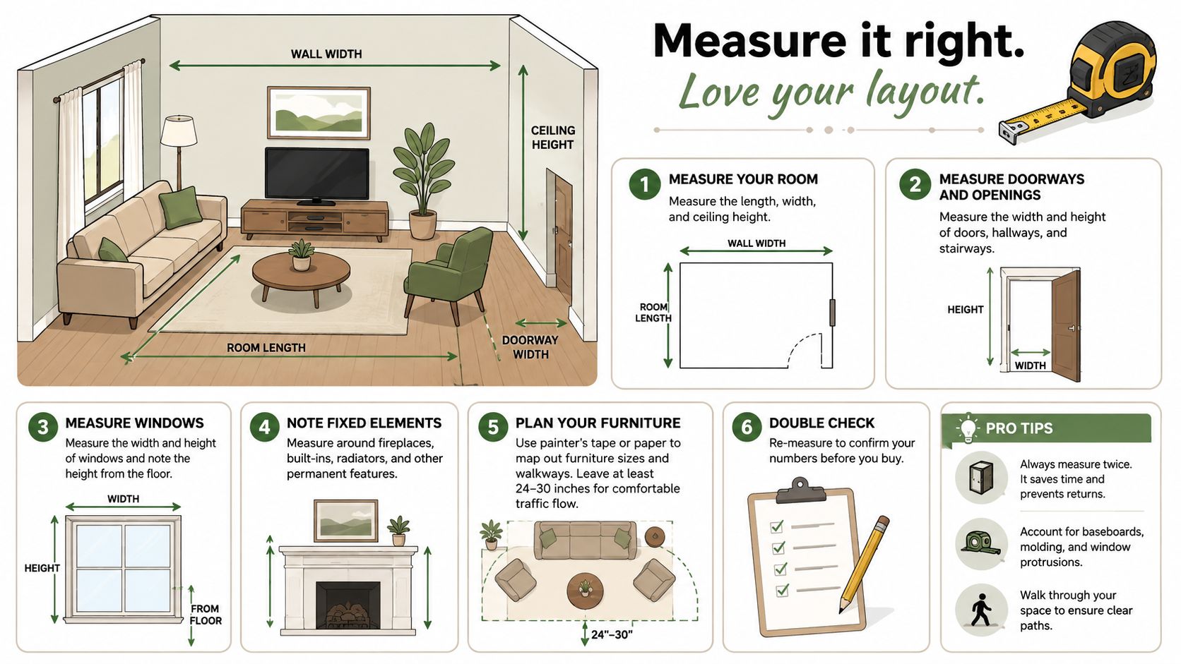 An infographic illustrating six essential steps for measuring a room accurately before purchasing new living room furniture.