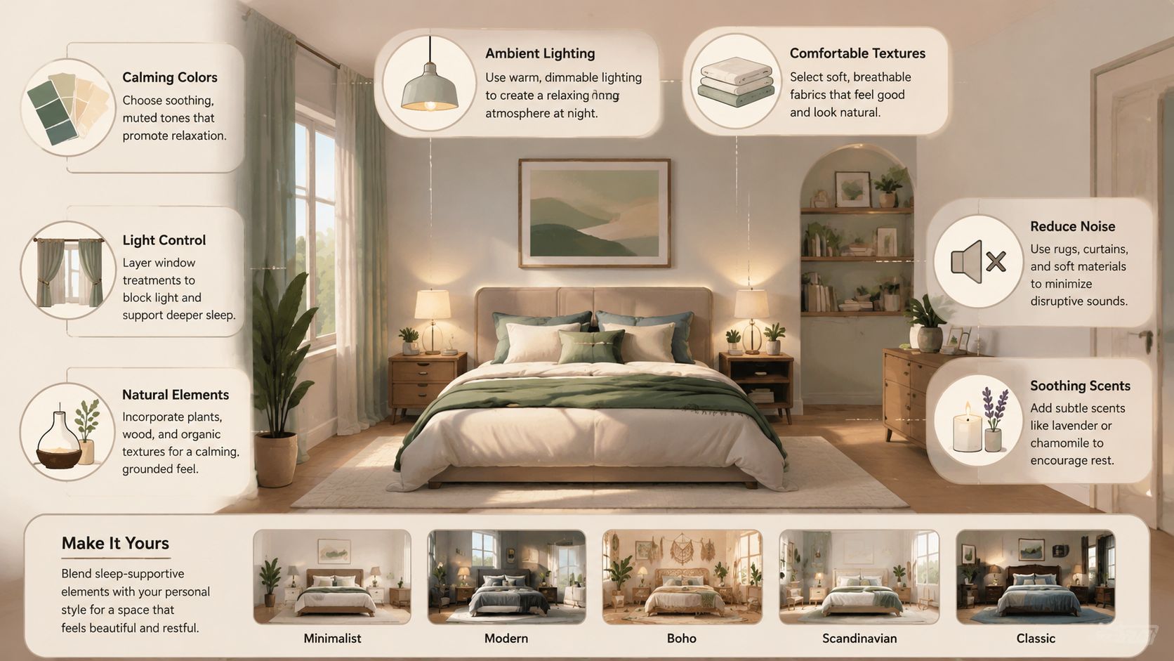 An interior design guide for a relaxing bedroom with tips on lighting, textures, colors, and natural elements.