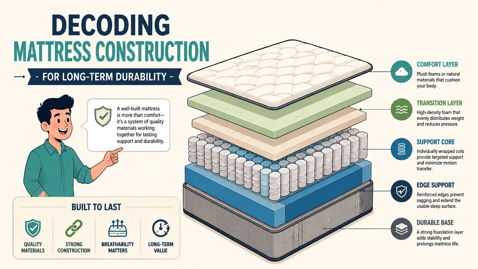 An infographic illustrating the various layers of a mattress, including comfort, transition, support, and base components.