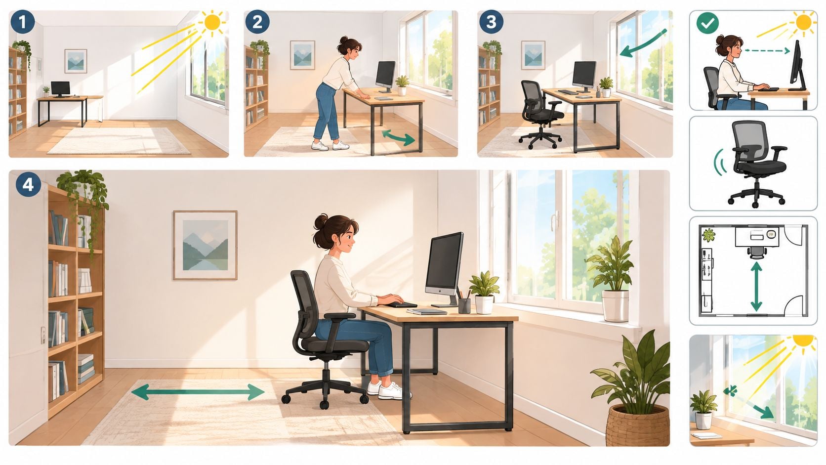 A step by step guide illustrating how to set up a comfortable home office near a window.