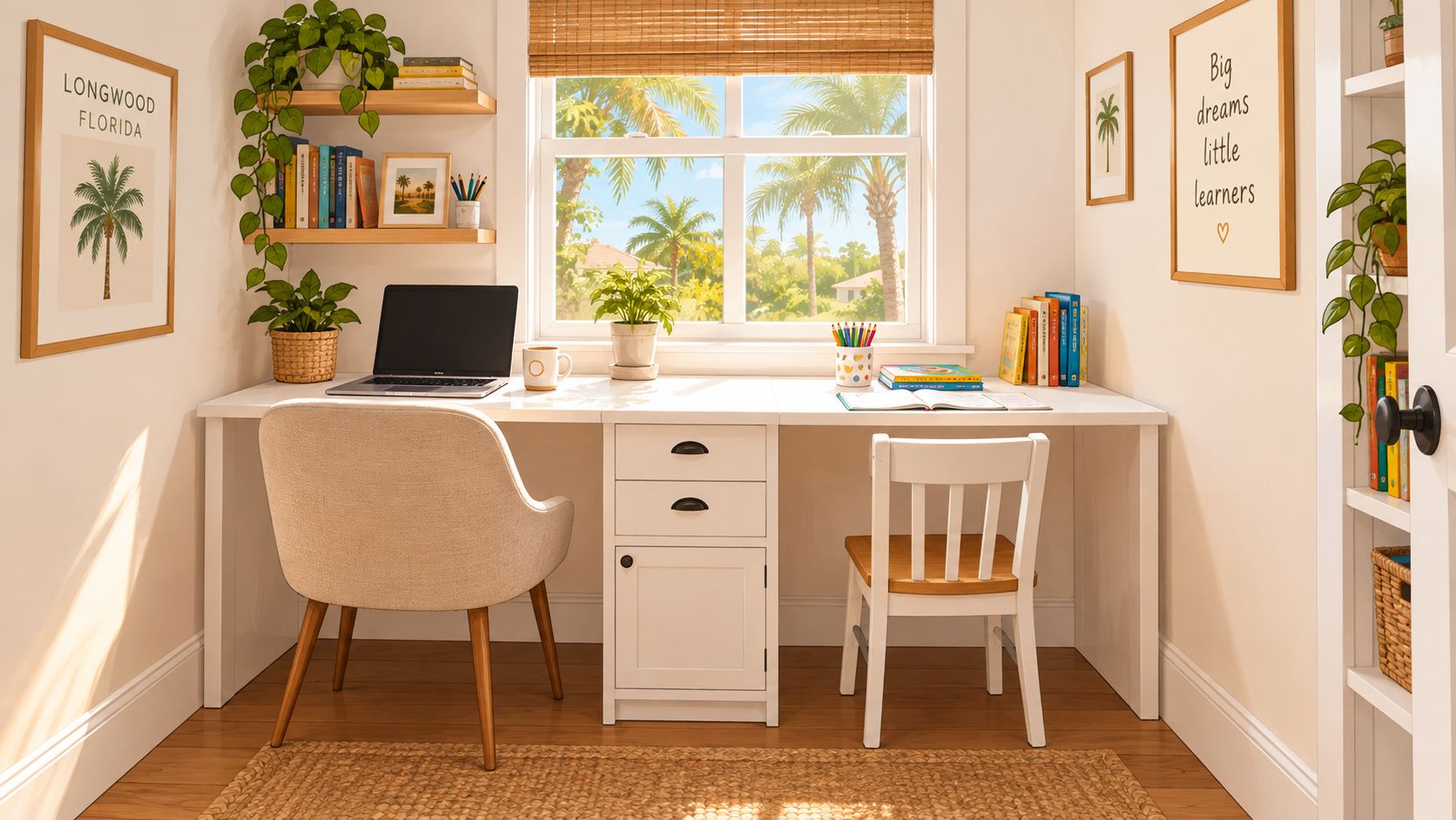 A cozy, sunlit home office featuring a desk with two chairs, shelves, and lush plants.