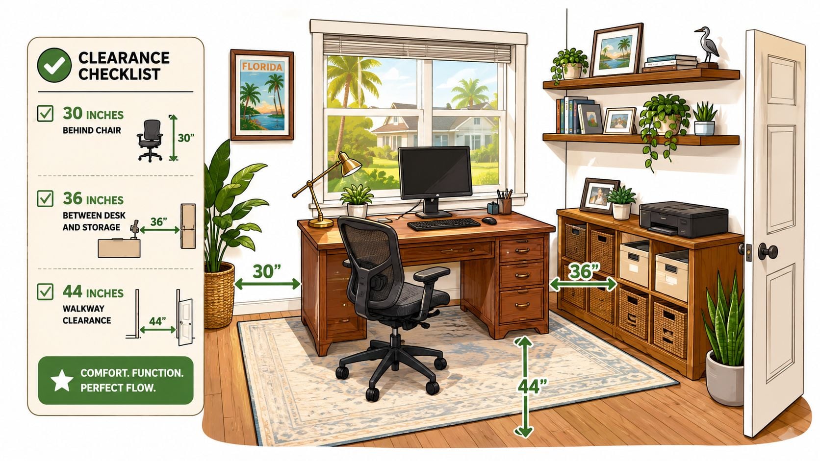 A home office illustration showing furniture clearance guidelines for a comfortable, functional, and organized workspace layout.
