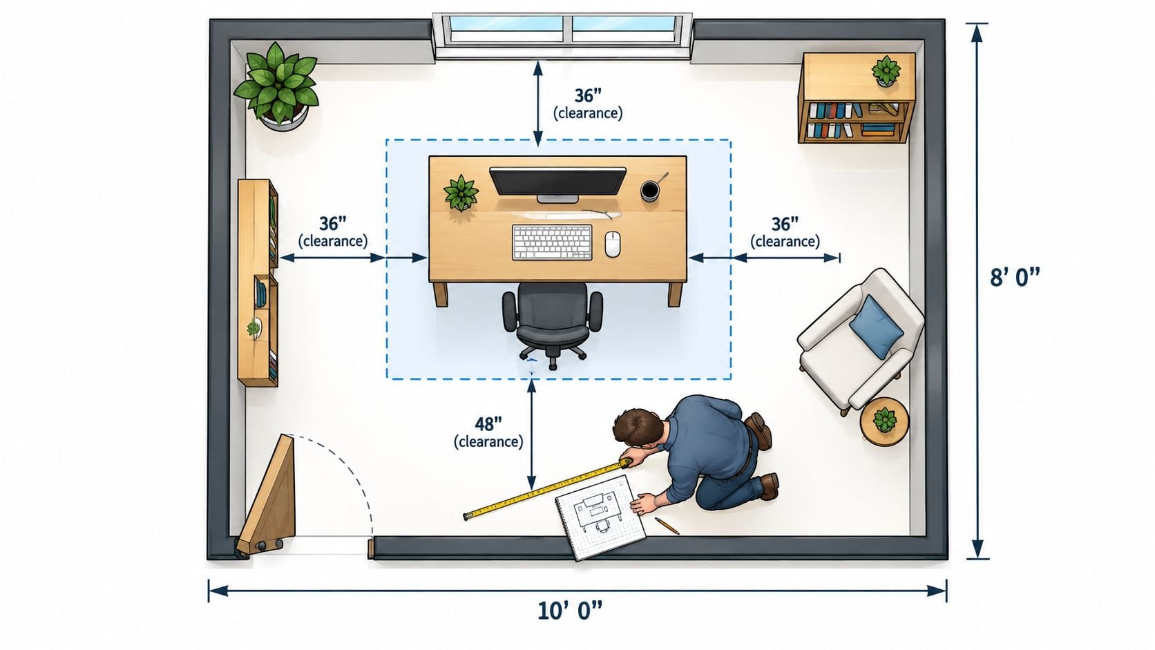 A person kneeling on a floor measuring space for office furniture in a small room layout.