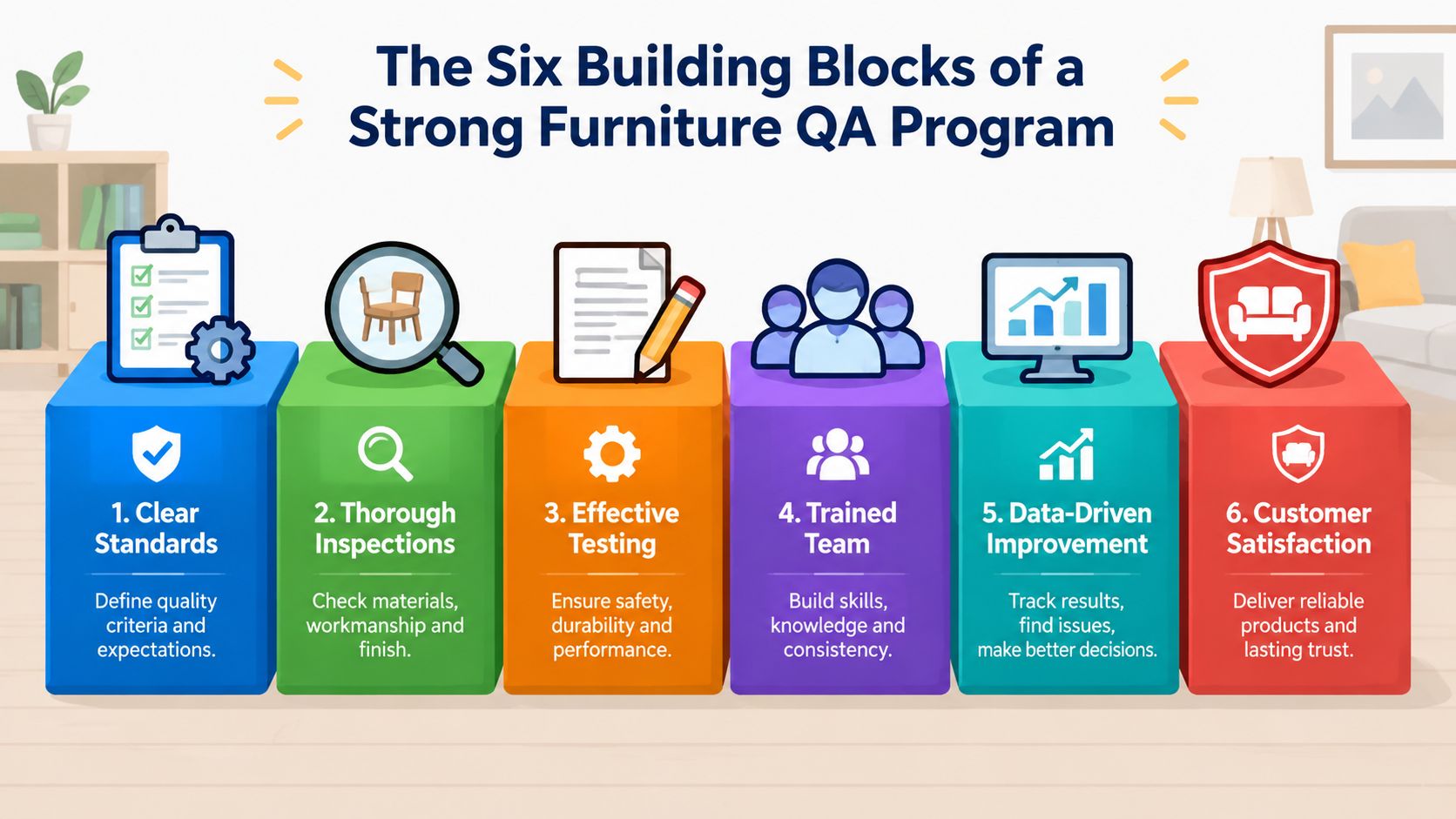An infographic detailing the six essential building blocks of a robust furniture quality assurance program.