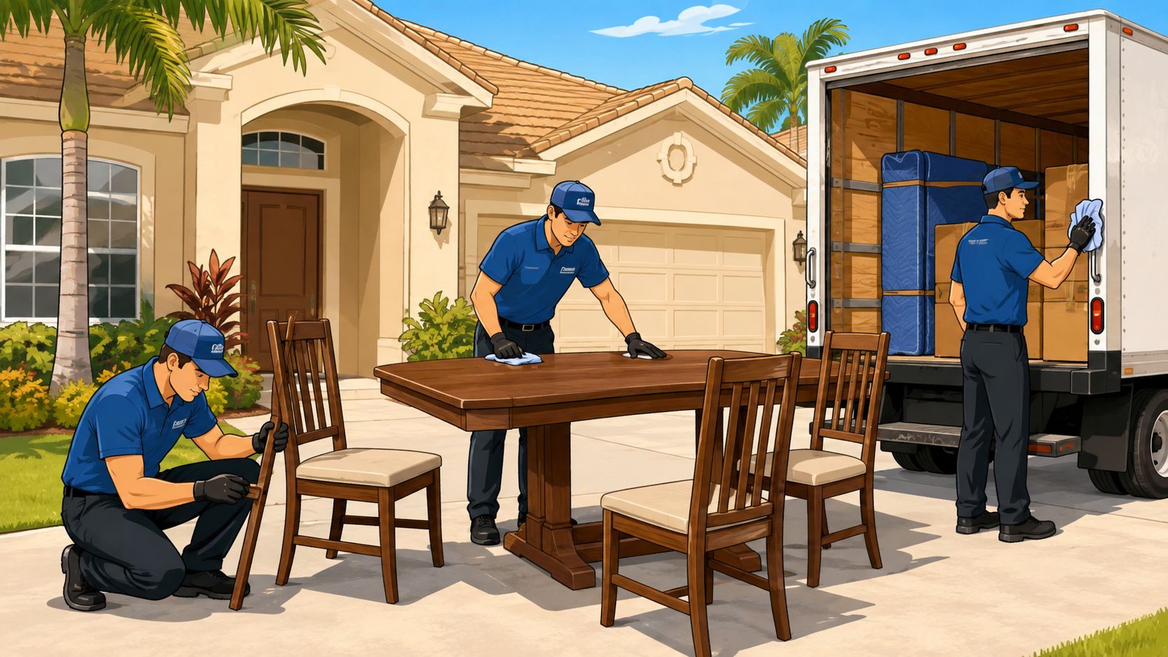 Professional movers in blue uniforms carefully cleaning and preparing wooden dining furniture for residential relocation service.
