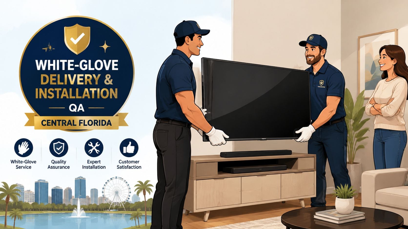 Two professionals in uniforms installing a large television for a customer in their home living room.