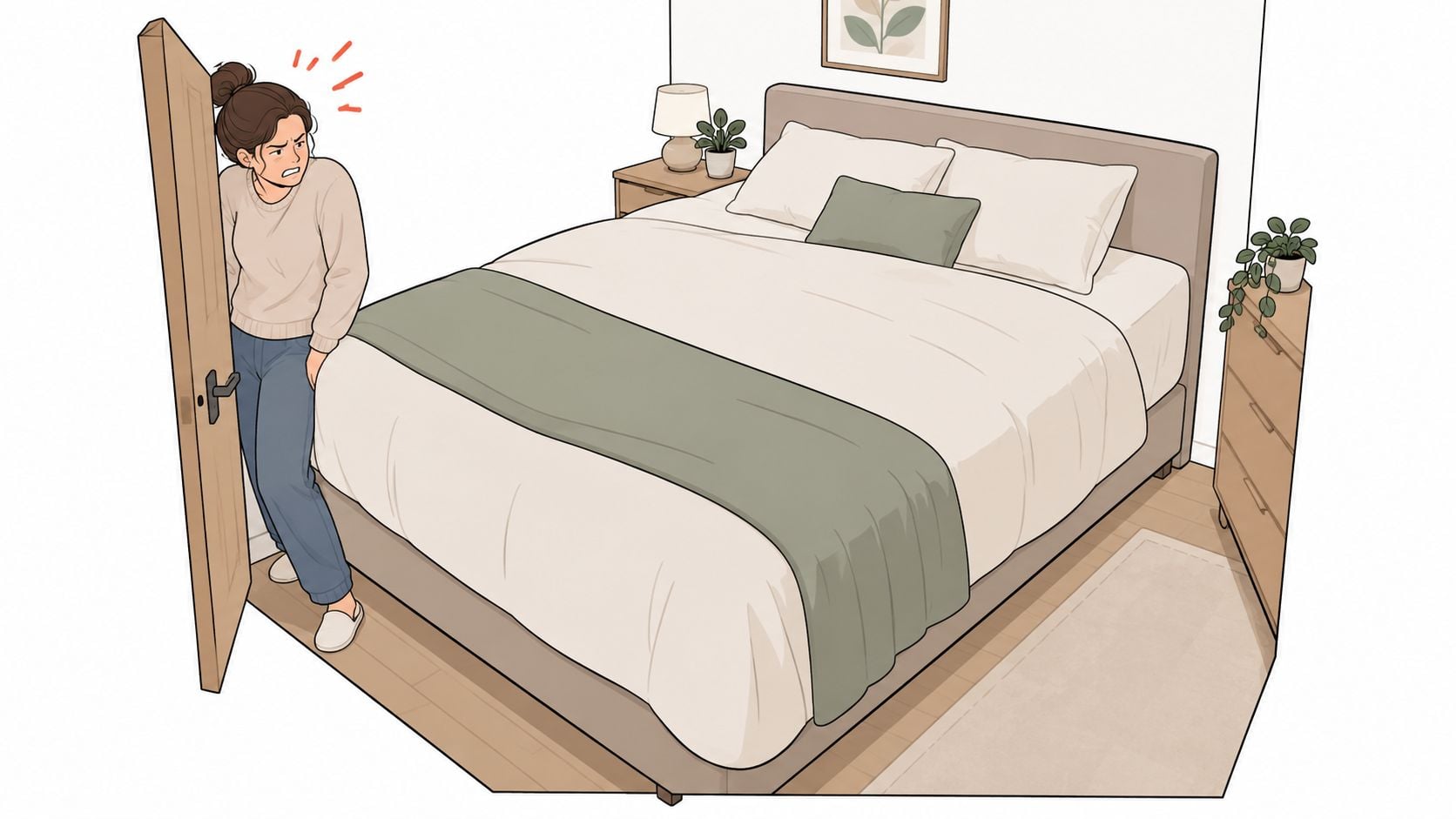 A woman with an annoyed expression leans against a door in a modern queen bedroom suite.