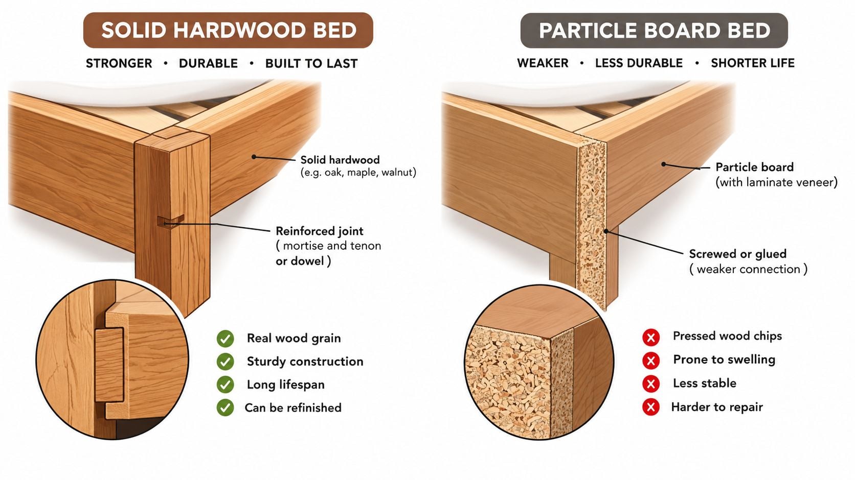 A comparison infographic between solid hardwood bed construction and particle board bed construction highlighting differences in durability.