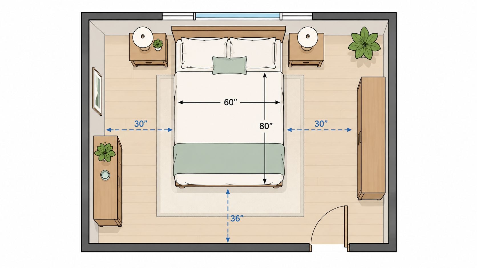 A floor plan diagram of a bedroom showcasing the dimensions for a queen size bed and clearance.