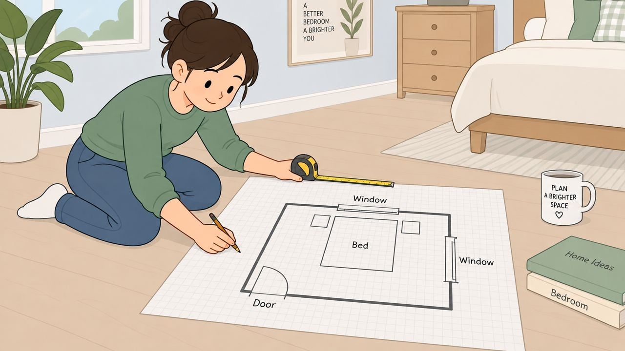 A young woman sits on the floor drawing a floor plan for her bedroom interior design project.