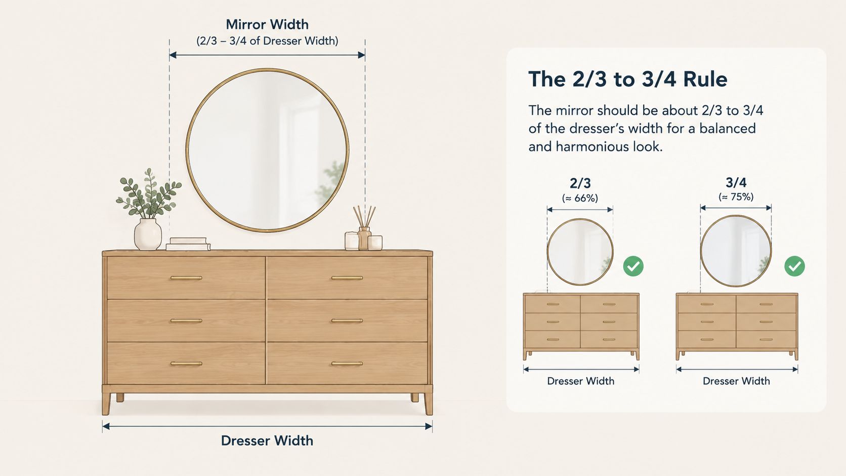 A diagram illustrating the 2/3 to 3/4 rule for sizing a round mirror above a dresser.