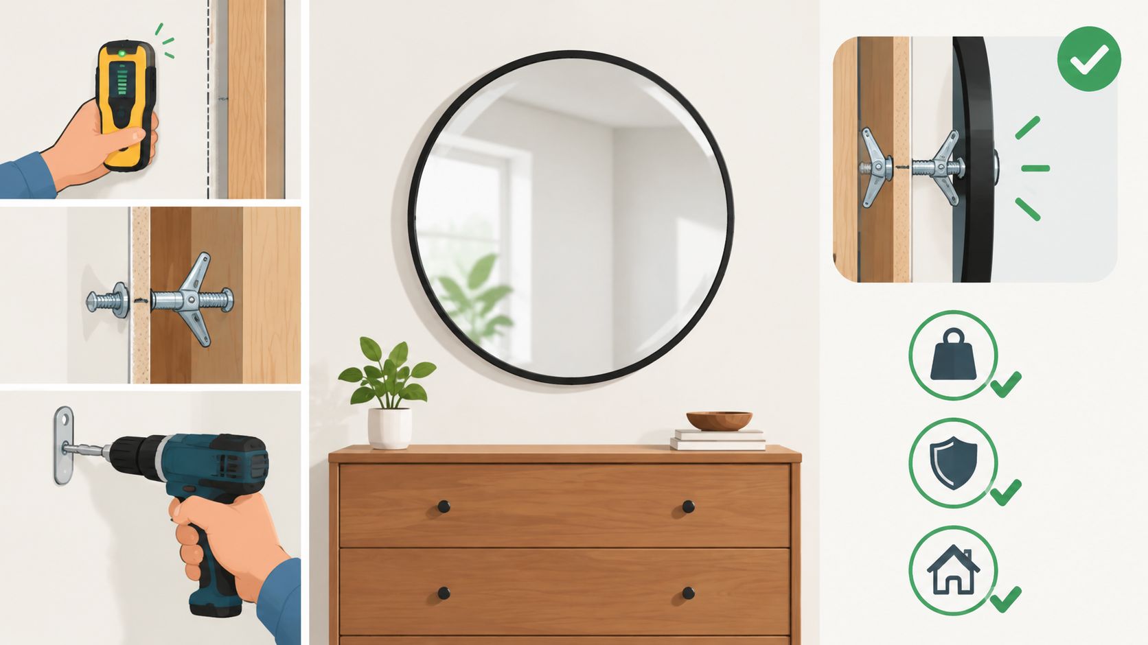 An instructional graphic showing how to securely mount a round mirror above a wooden dresser using toggles.