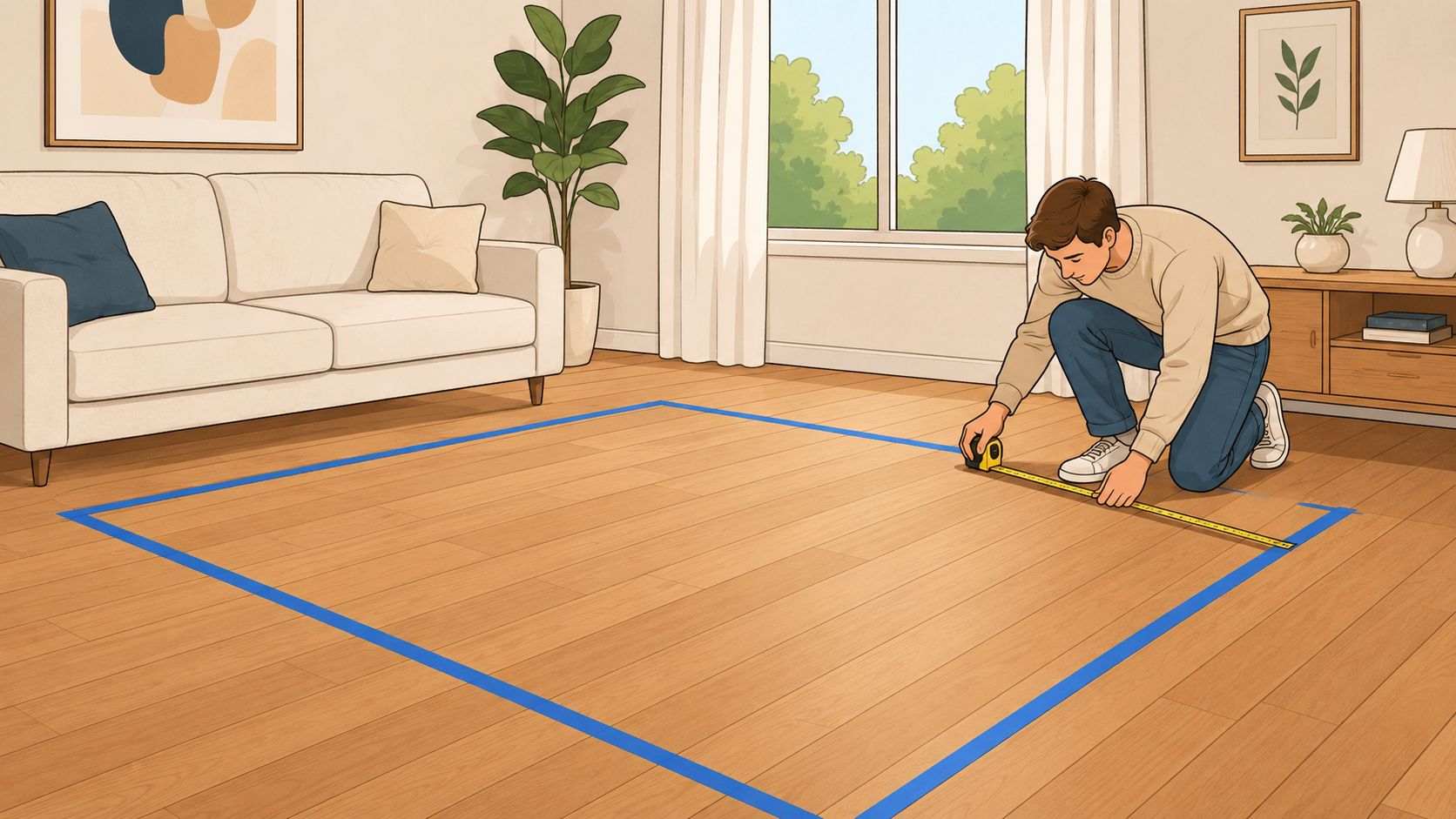 A man kneeling on a hardwood floor using a tape measure to check a taped floor area.