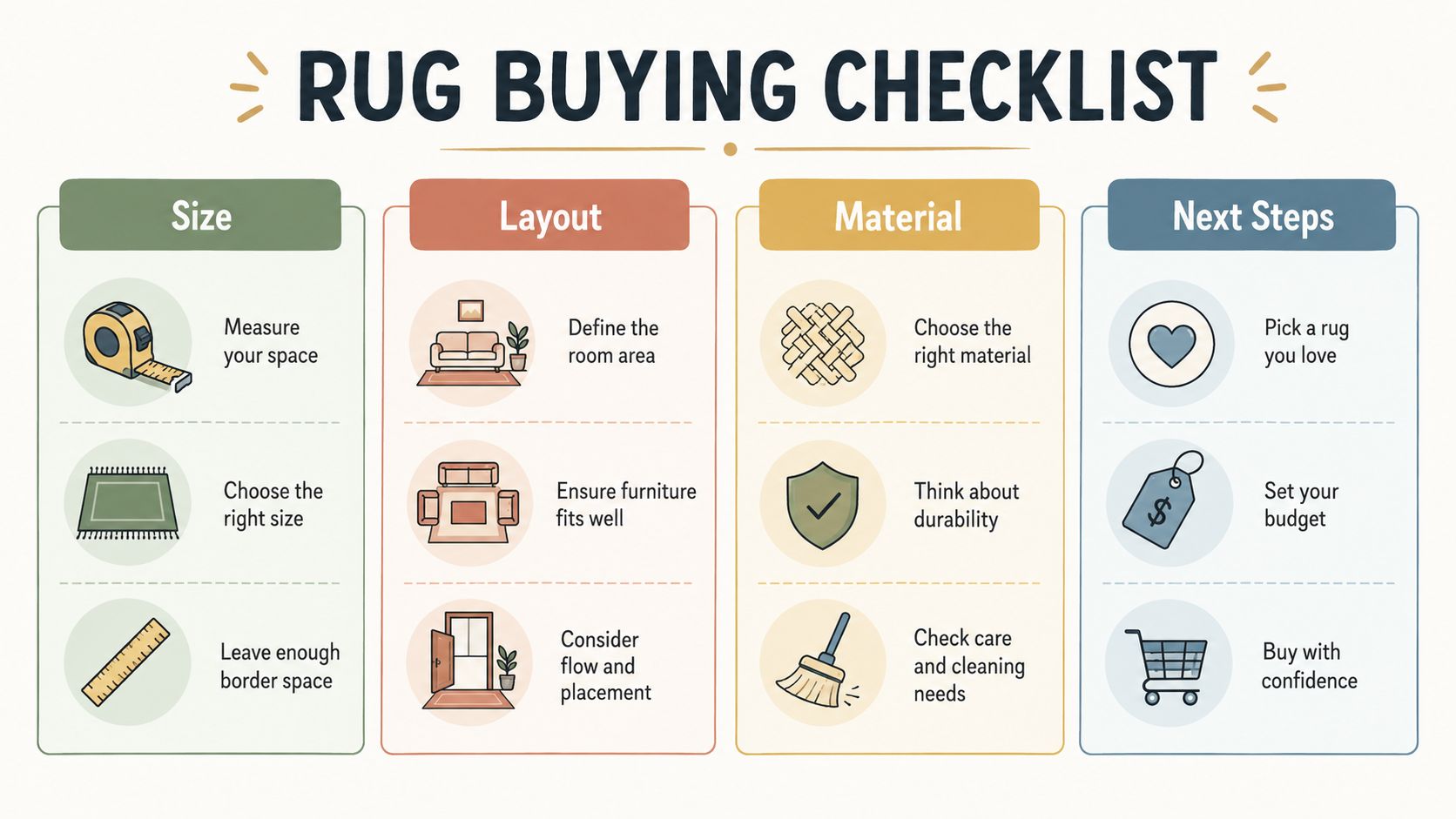 A helpful infographic rug buying checklist outlining steps for measuring size, planning layout, selecting material, and purchasing.