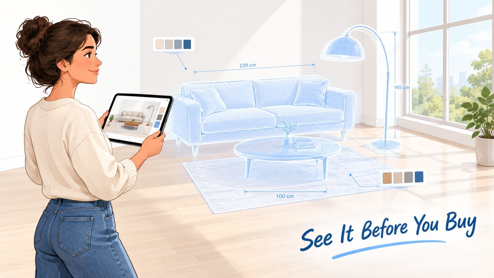 A woman using a tablet to visualize 3D furniture models in a bright, modern living room space.