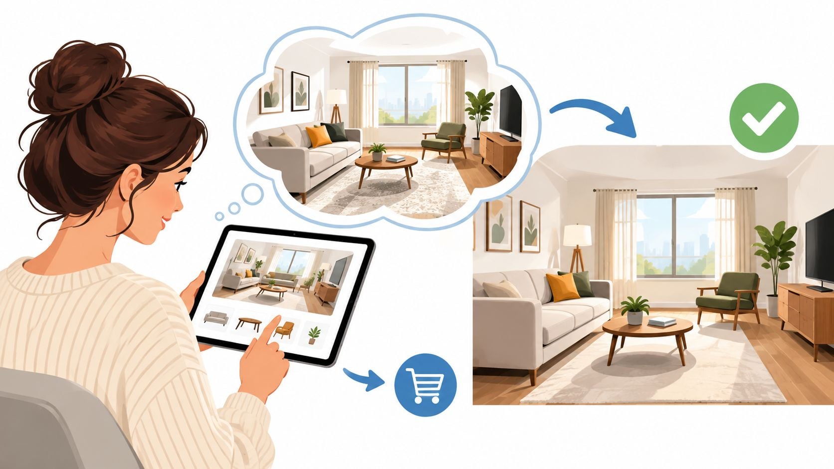 A woman using a tablet to design and shop for furniture to visualize her living room decor.