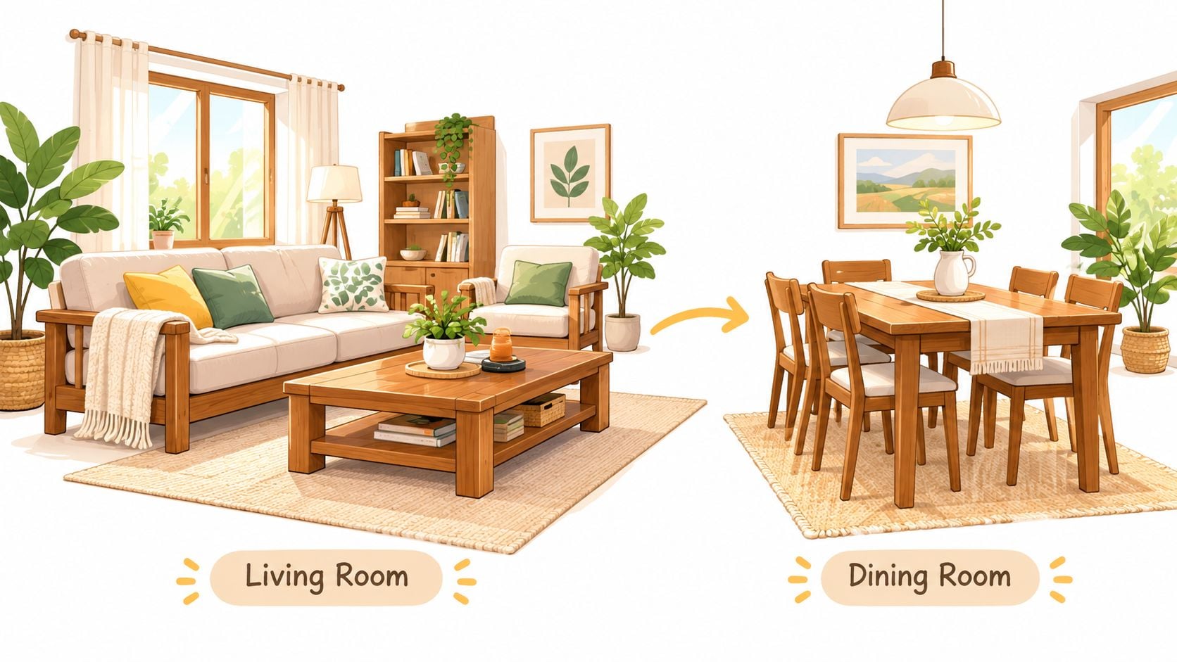 An illustration showing a cozy living room and dining room interior design for home furniture shopping.