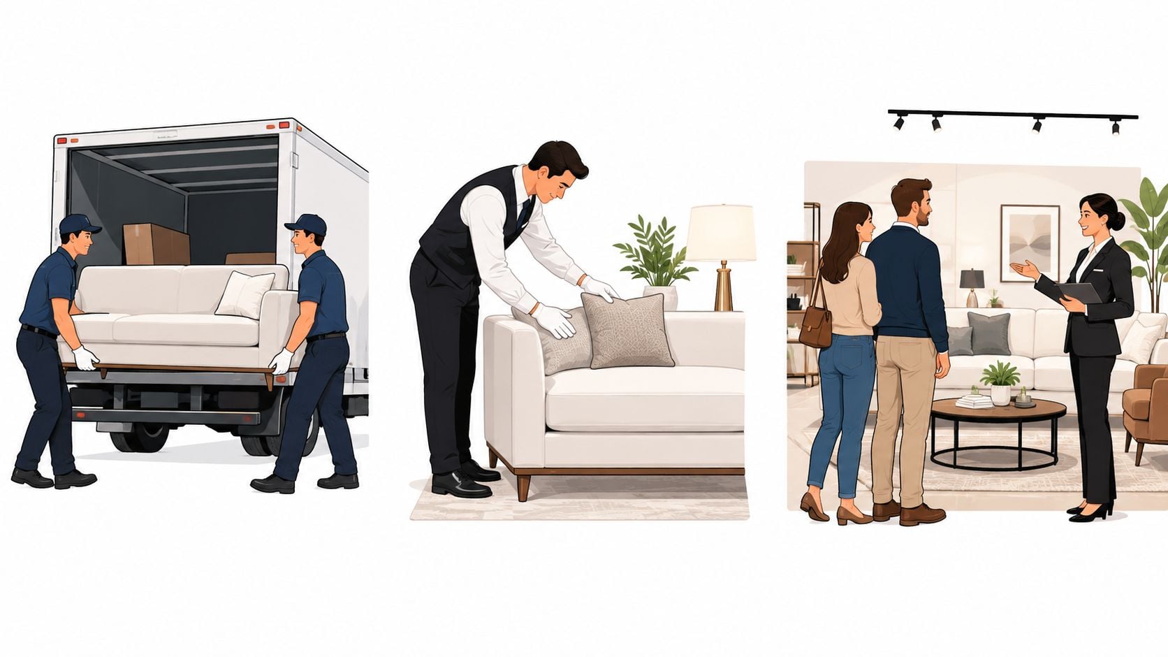 A three-part illustration showing furniture delivery, professional sofa styling, and a couple shopping for furniture.