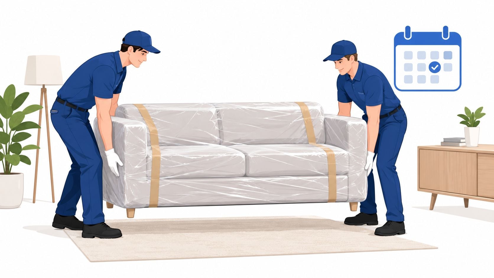 Two professional movers in uniform lifting a couch wrapped in protective plastic film in a living room.