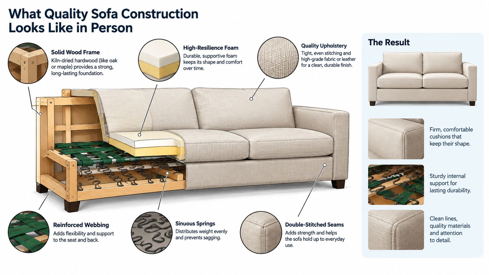 A detailed cross-section diagram showing the internal quality construction components of a modern, durable upholstered sofa.