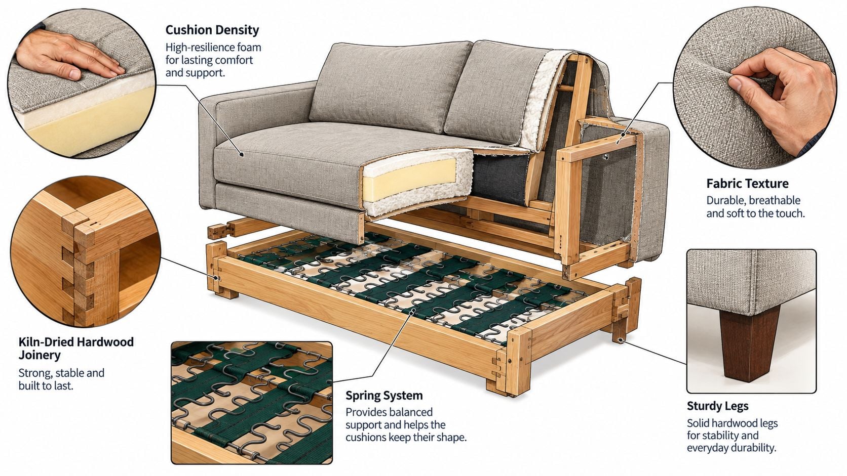 A cutaway view showing the internal construction, hardwood frame, cushion foam, and spring system of a modern sofa.