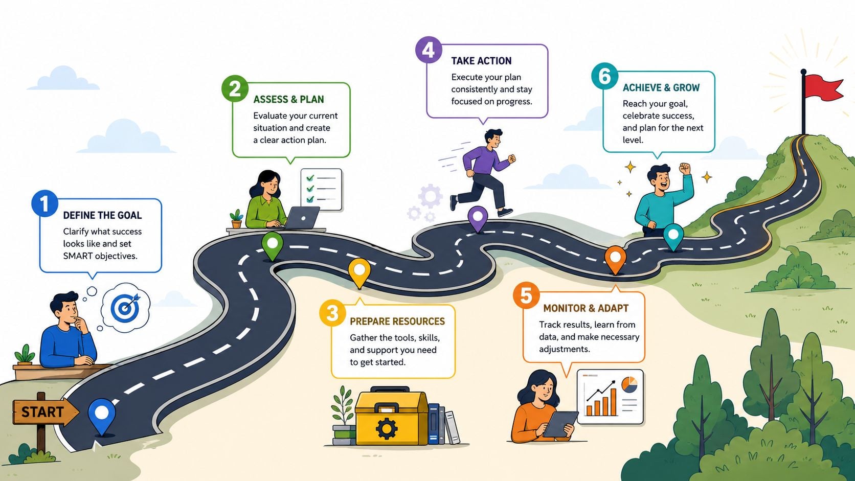 An illustrated roadmap showing a six-step process to reach a goal, from definition to final achievement.