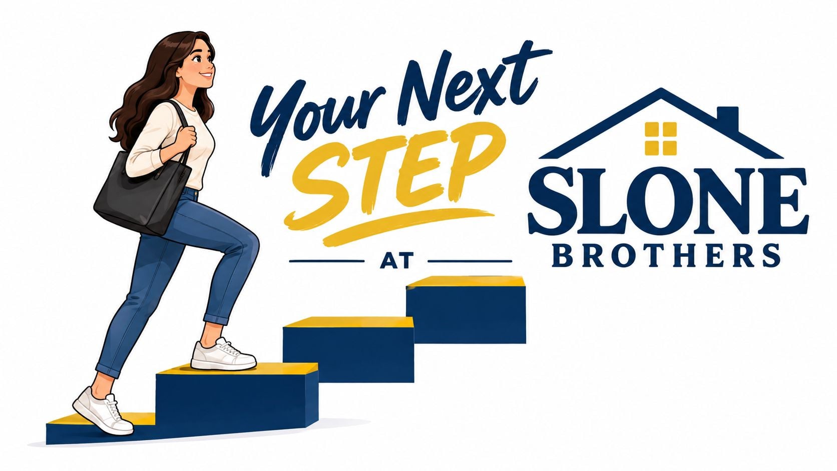 A woman walking up a staircase towards the Slone Brothers logo representing personal growth and home success.