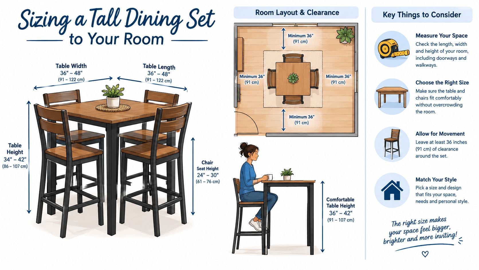 An infographic showing dimensions and spacing requirements for selecting the right size tall dining table set.