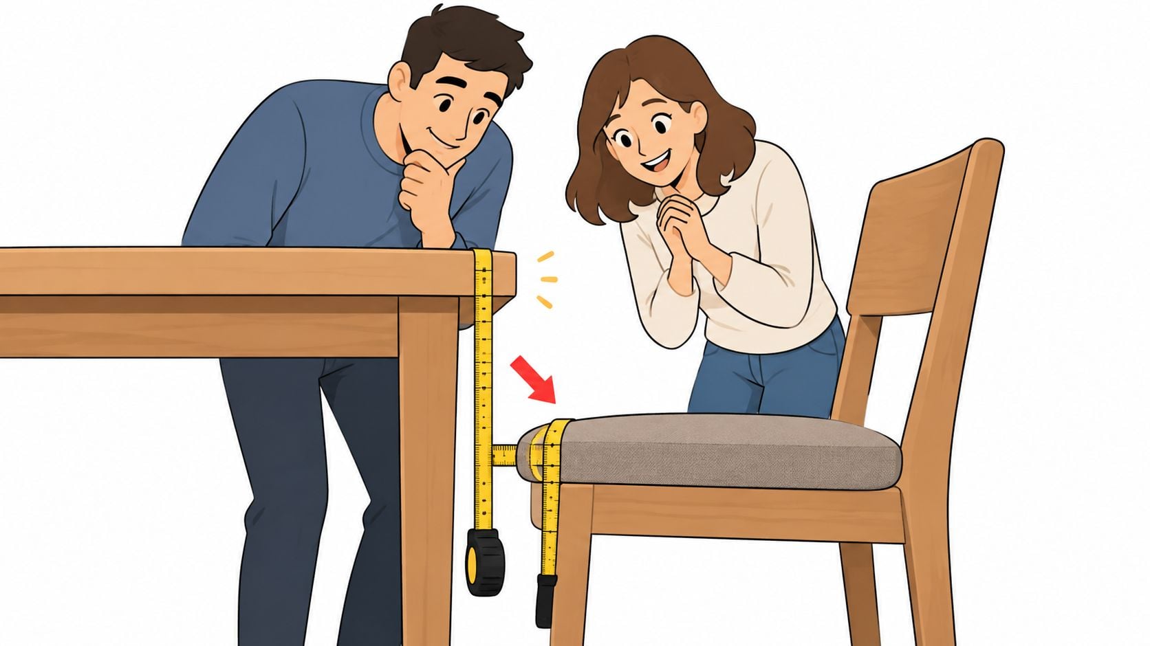 A man and woman measuring the height difference between a tall dining room table and a chair.