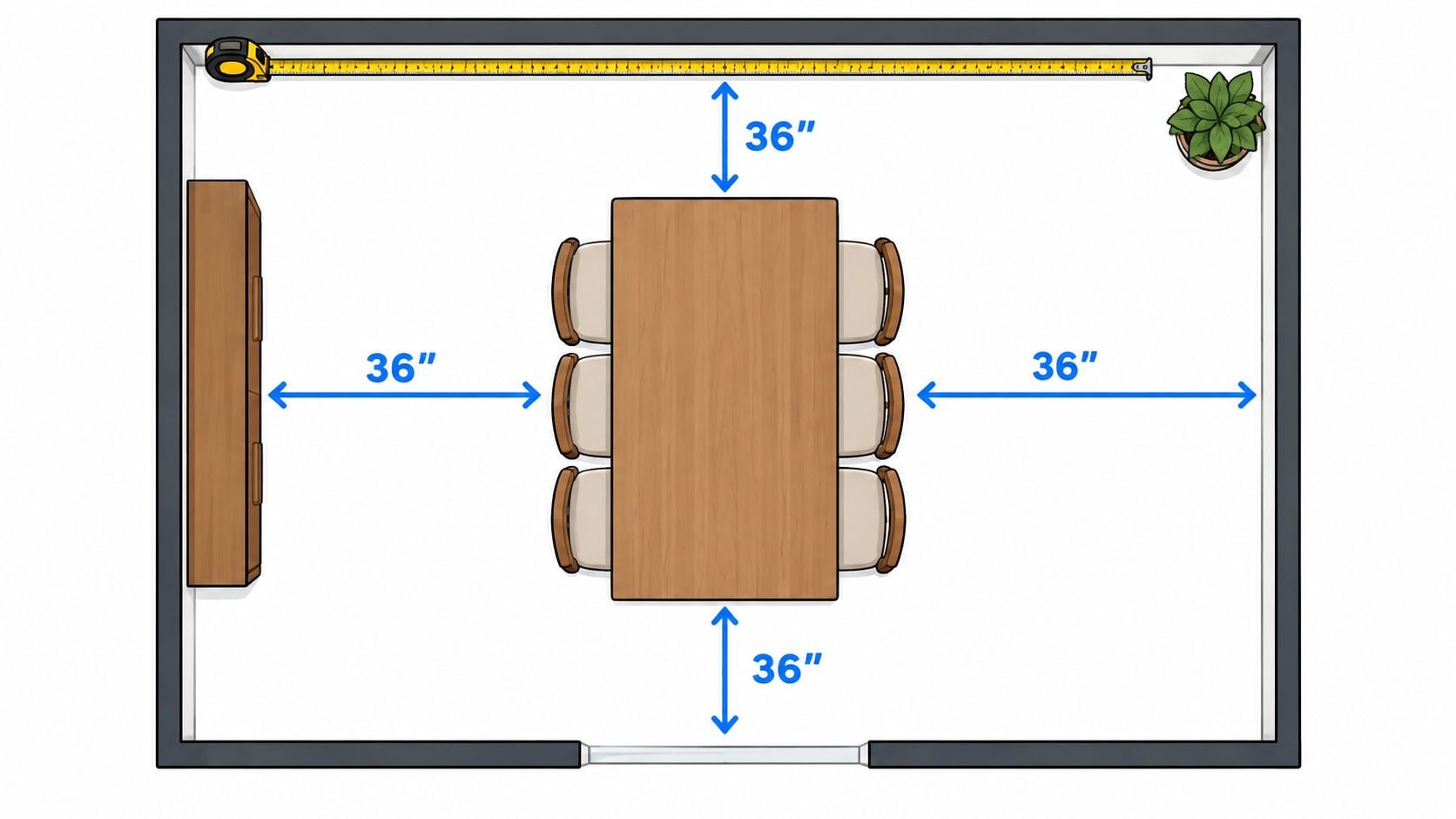 A top-down view showing a dining room layout with a table, chairs, and required clearance measurements.
