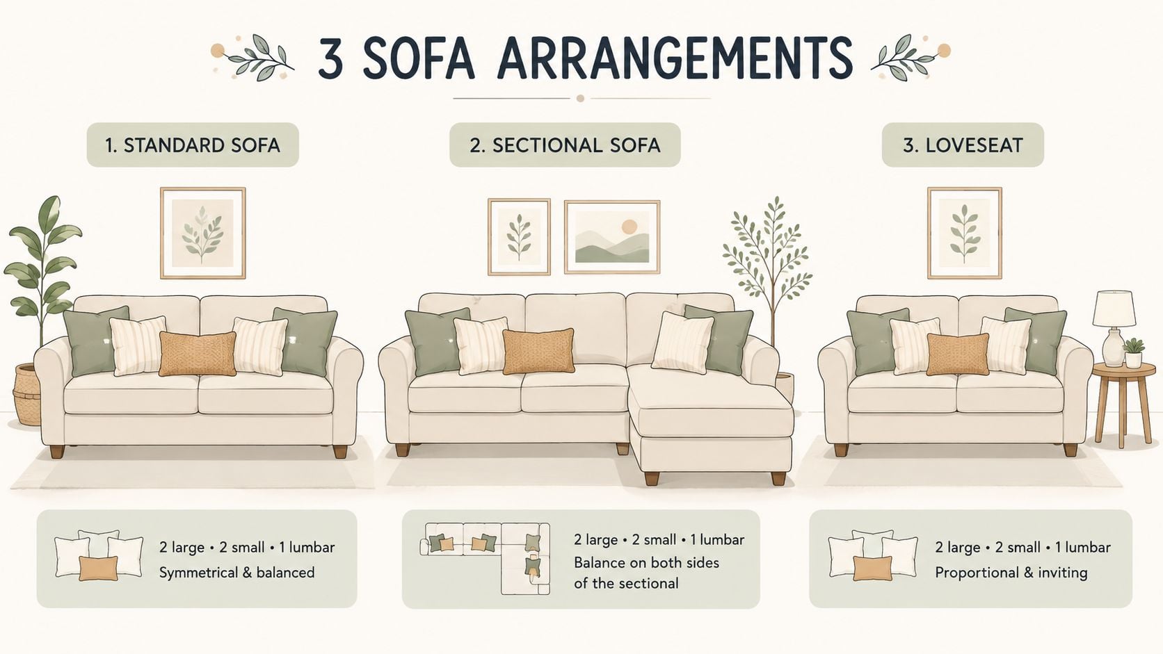 A diagram illustrating three sofa arrangements featuring cushions, including a standard sofa, sectional, and a small loveseat.