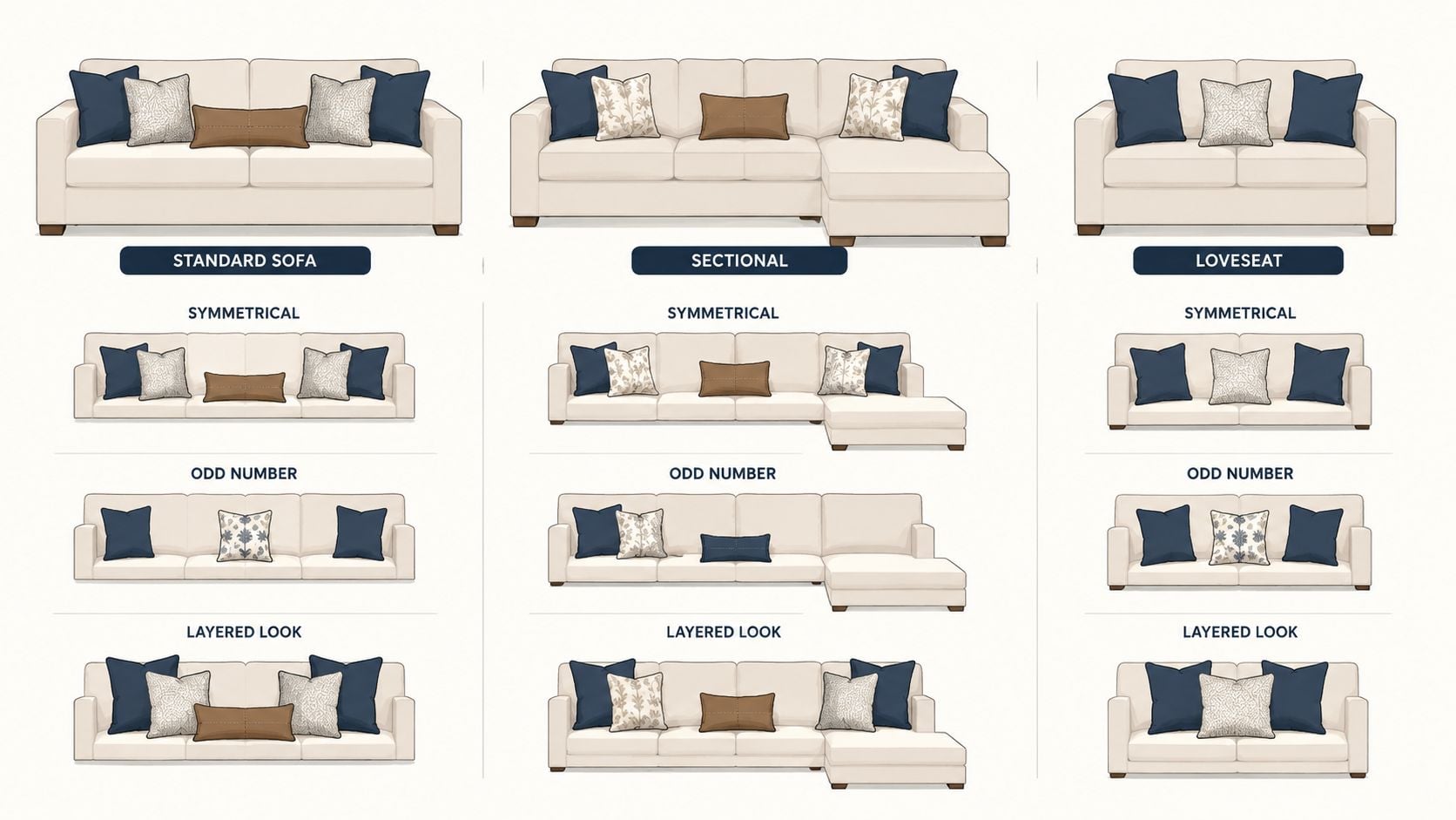 A design guide showing various ways to arrange throw pillows on standard sofas, sectionals, and loveseats.