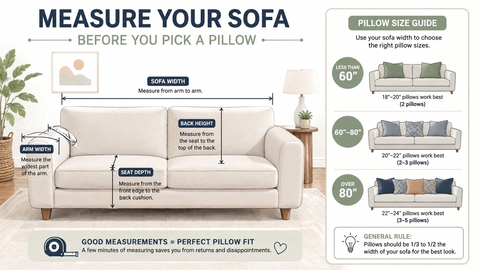 A helpful infographic guide showing how to measure a sofa to select the correct throw pillow size.