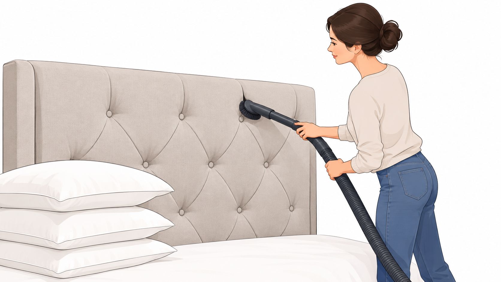 A woman cleaning a beige tufted upholstered headboard with a vacuum cleaner attachment in a bedroom.
