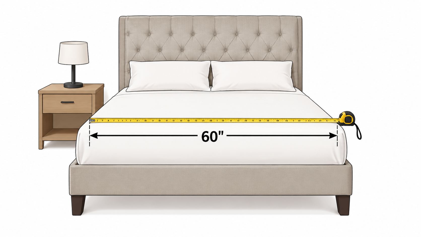 A 60-inch wide queen size mattress on an upholstered tufted headboard bed frame with a side table.
