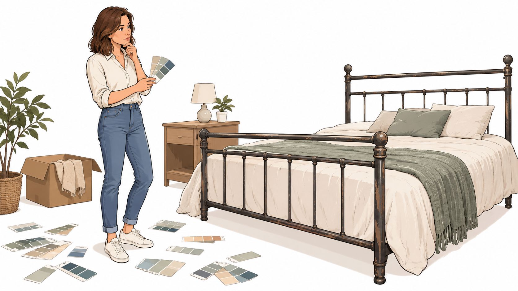 A woman holding paint swatches while planning the interior decor of a room featuring a metal bed frame.