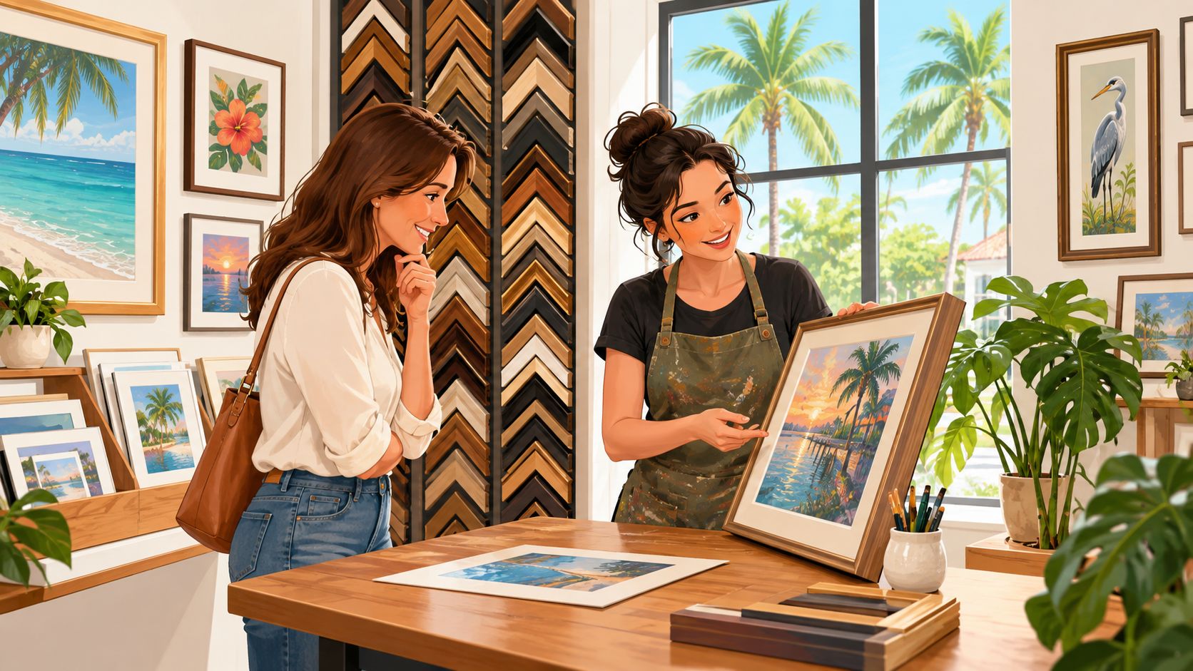 A woman shopping for wall art in a frame shop with a smiling employee displaying a painting.