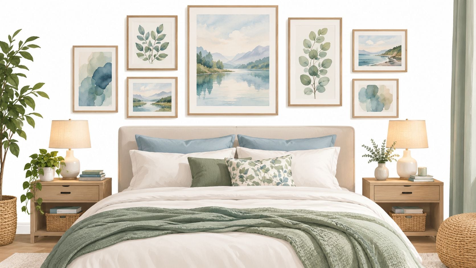 A serene bedroom featuring a king bed with layered bedding, a green throw, and a gallery wall with watercolor nature-themed art.