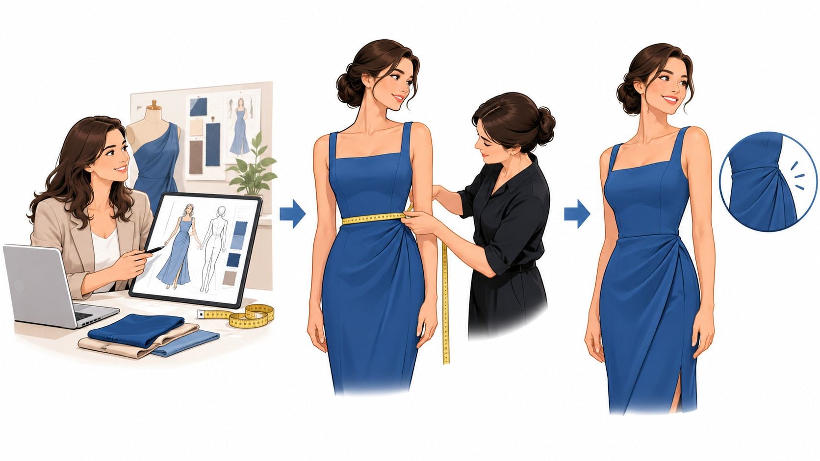 An illustration showing a fashion designer sketching, measuring, and completing a custom blue dress for a client.