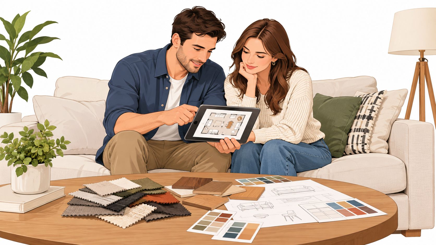 A couple reviews fabric swatches and floor plans on a tablet while designing custom furniture for their home.