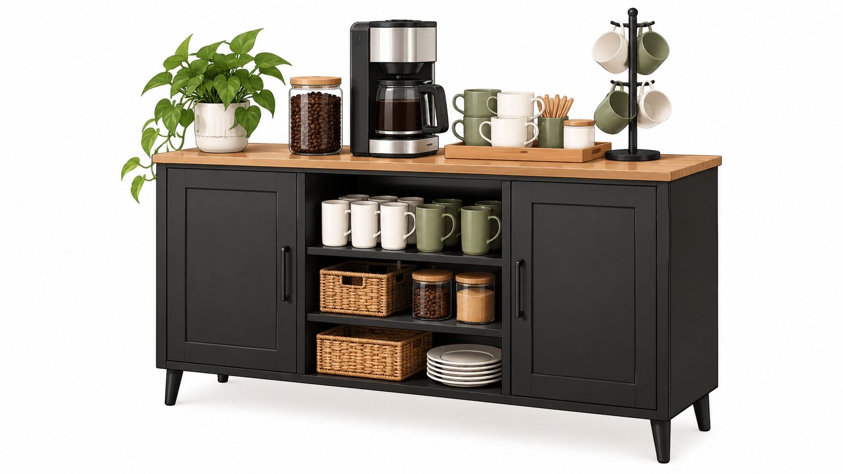 A modern black coffee station sideboard with a coffee maker, plant, and storage shelves on white background.