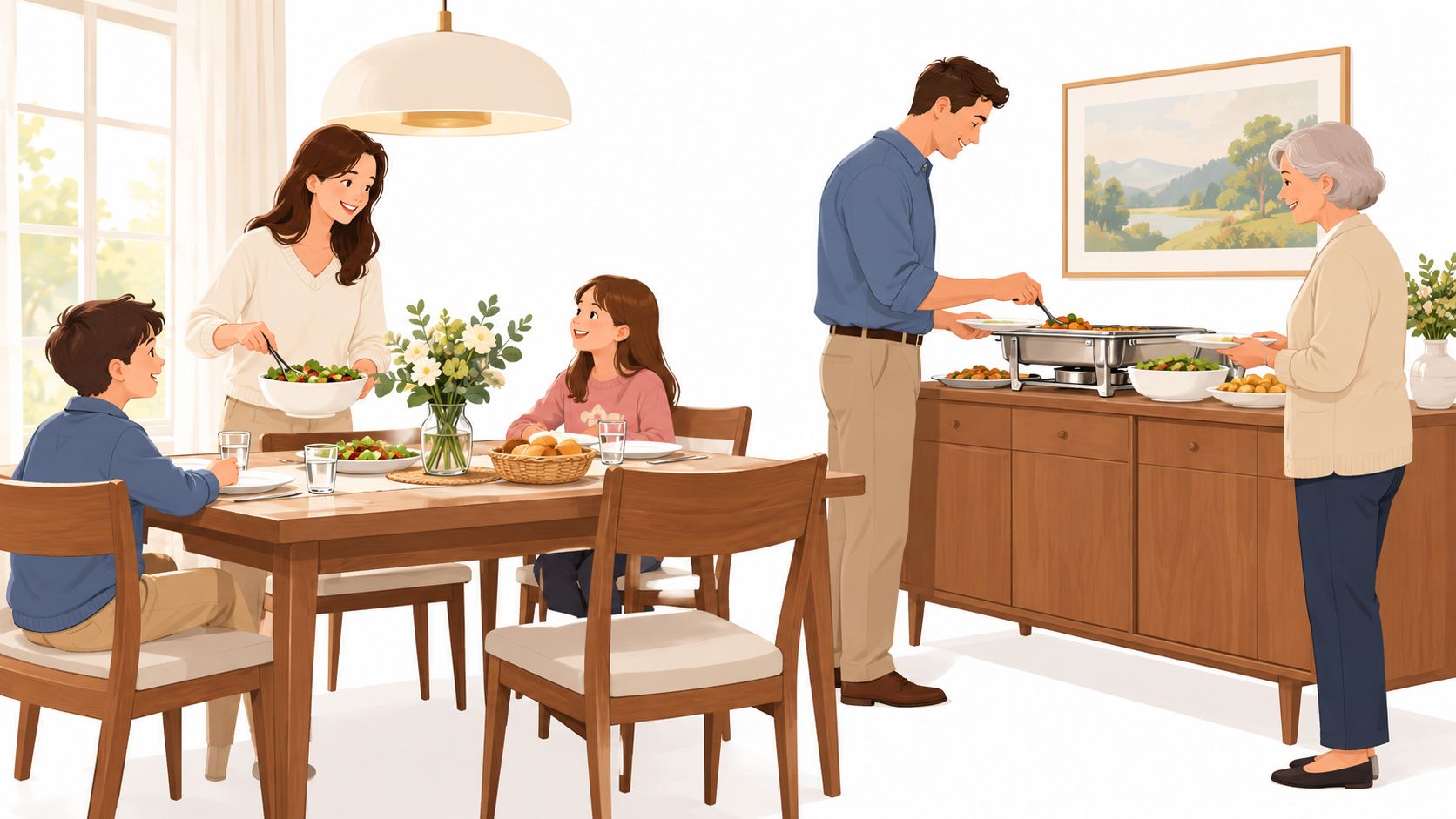A happy family gathering around a dining table and a buffet server at home for dinner.