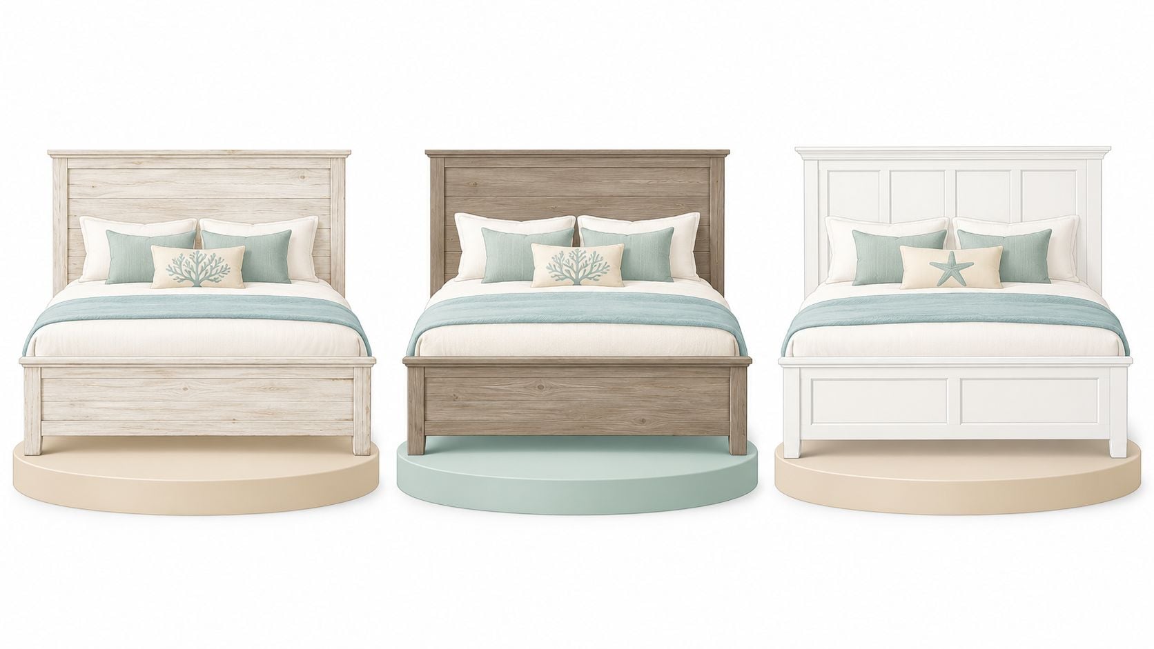 Three coastal style king beds in different wood finishes displayed on circular platforms against a white background.