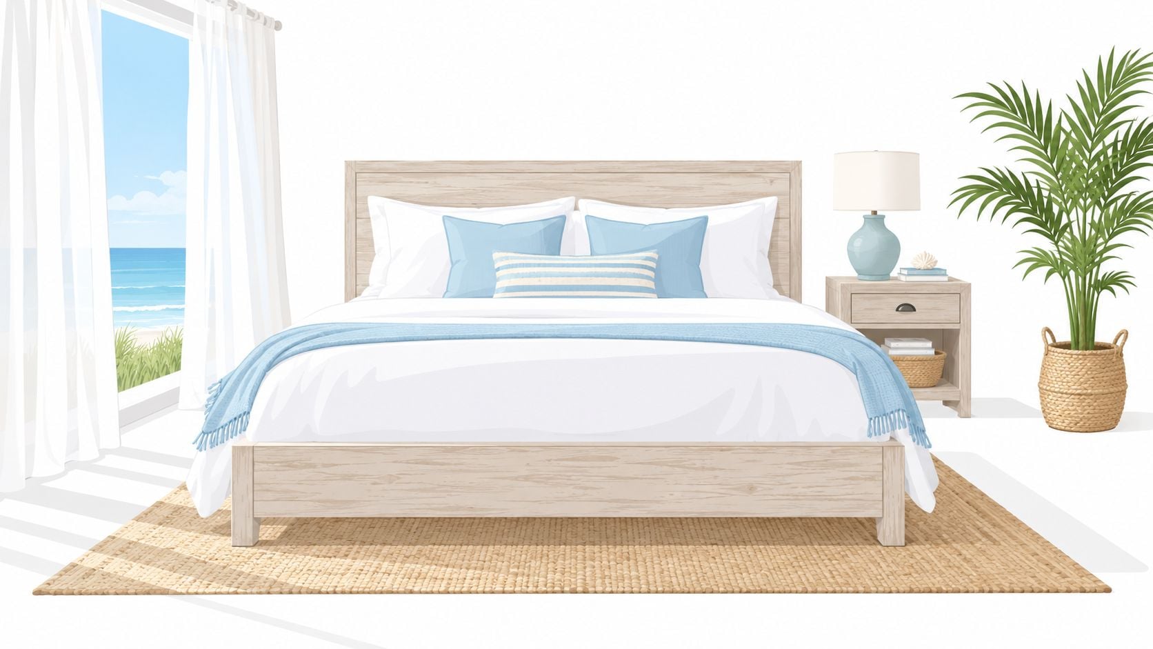 A coastal style wooden king bed with blue bedding set in a bright bedroom overlooking the beach.